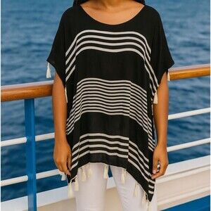 C & T Beach Black White Striped Cover Up Fringe Size S Coastal Fishermen Vacatio